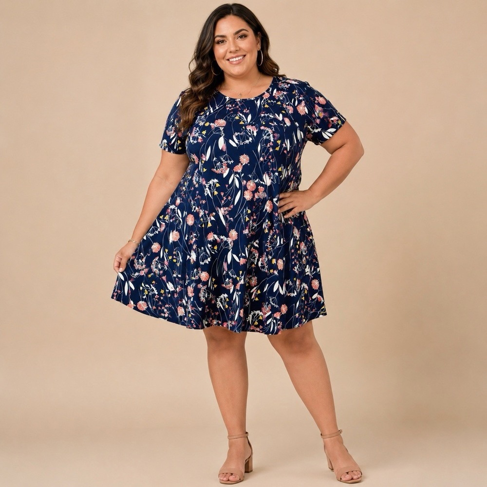 St. John's Bay Women's Plus Size Floral Dress 1X Navy Blue Short Sleeve